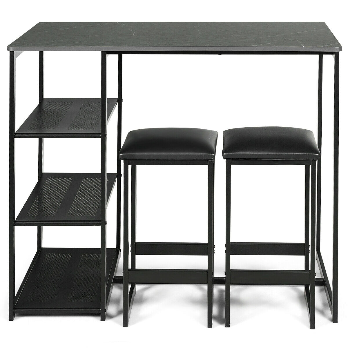 3 pcs Dining Set with Faux Marble Top Table and 2 Stools-Black
