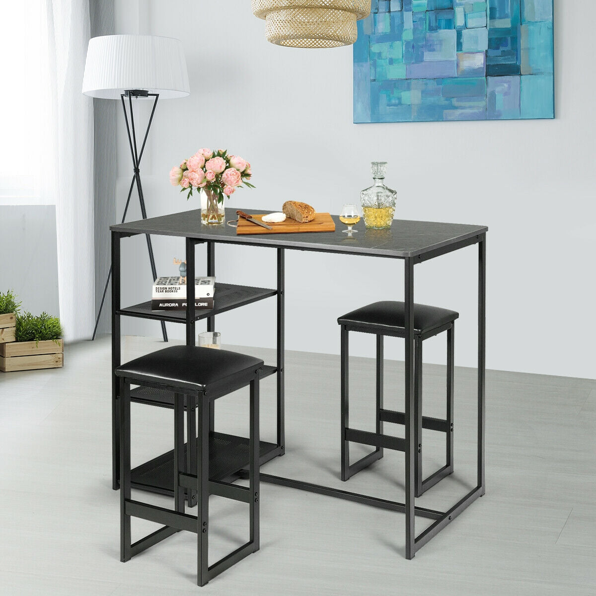 3 pcs Dining Set with Faux Marble Top Table and 2 Stools-Black