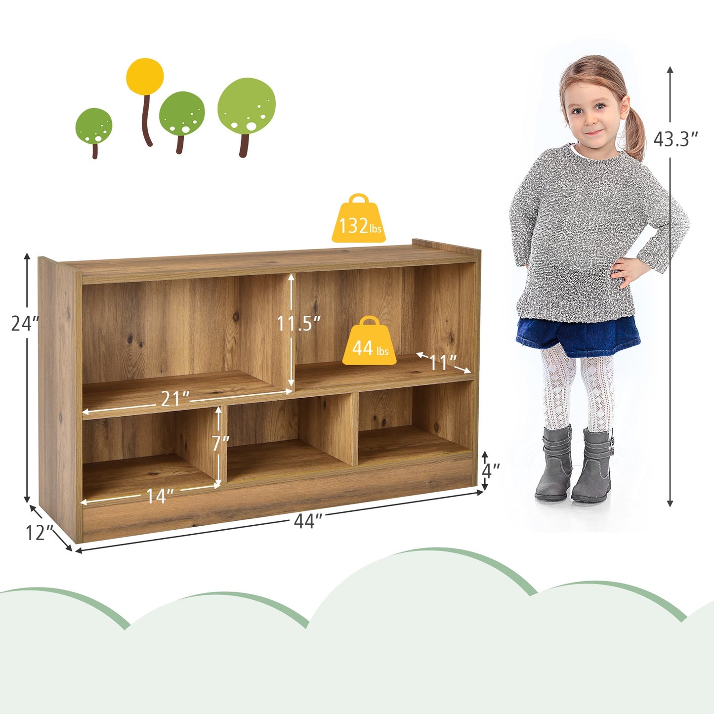 Kids 2-Shelf Bookcase 5-Cube Wood Toy Storage Cabinet Organizer-Natural