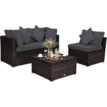 4 Pieces Ottoman Garden Patio Rattan Wicker Furniture Set with Cushion-Gray