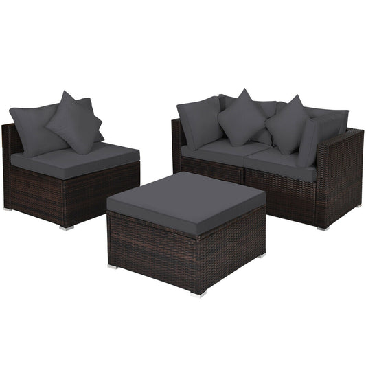 4 Pieces Ottoman Garden Patio Rattan Wicker Furniture Set with Cushion-Gray