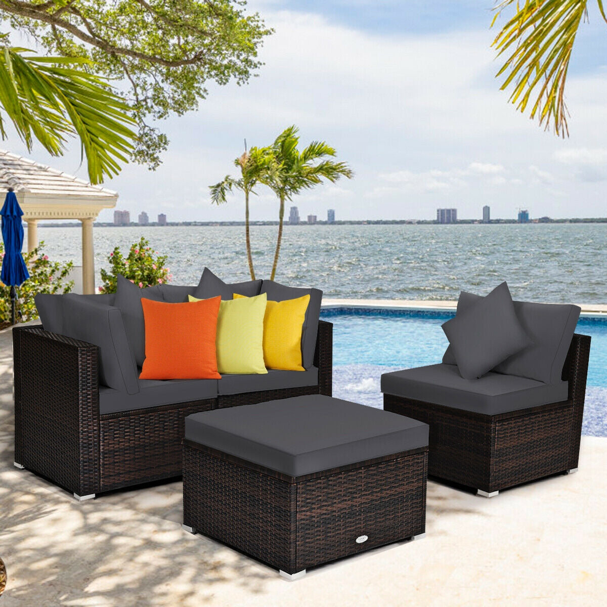 4 Pieces Ottoman Garden Patio Rattan Wicker Furniture Set with Cushion-Gray