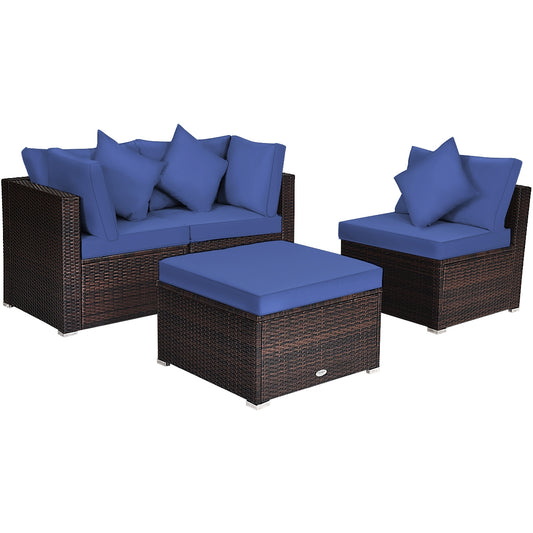 4 Pieces Ottoman Garden Patio Rattan Wicker Furniture Set with Cushion-Navy