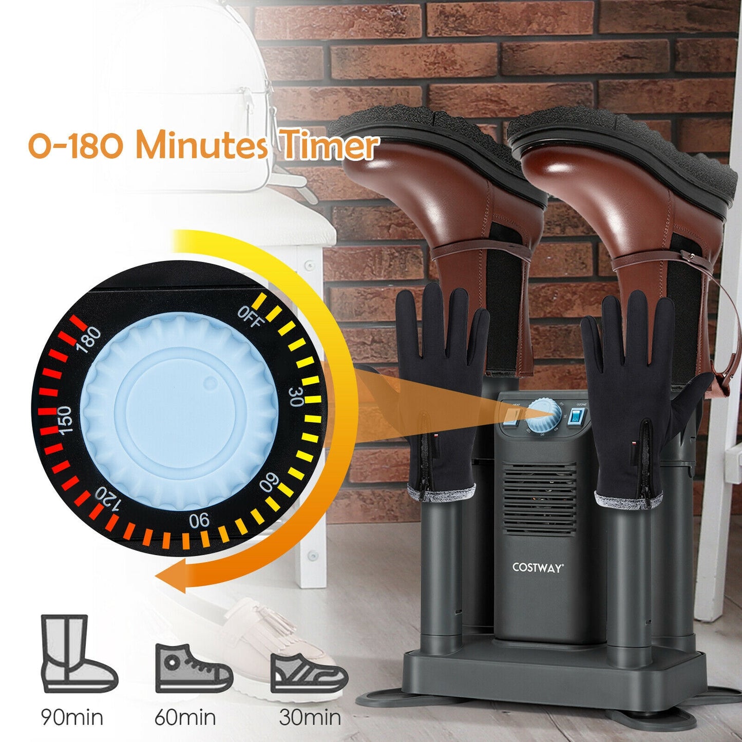 Electric Shoe Boot Dryer 4 Shoes with 180 Mins Timer Ozone Disinfection-Gray
