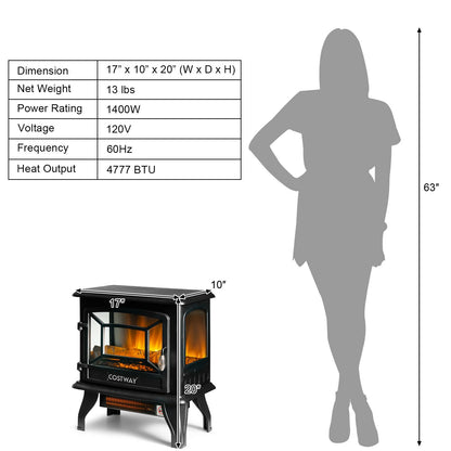 Freestanding Fireplace Heater with Realistic Dancing Flame Effect-Black