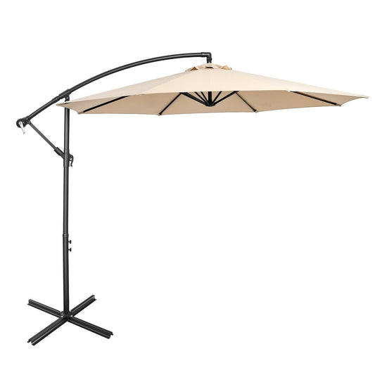 10FT Offset Umbrella with 8 Ribs Cantilever and Cross Base Tilt Adjustment-Beige