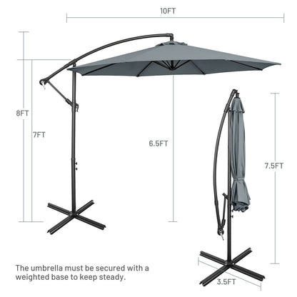 10FT Offset Umbrella with 8 Ribs Cantilever and Cross Base Tilt Adjustment-Gray