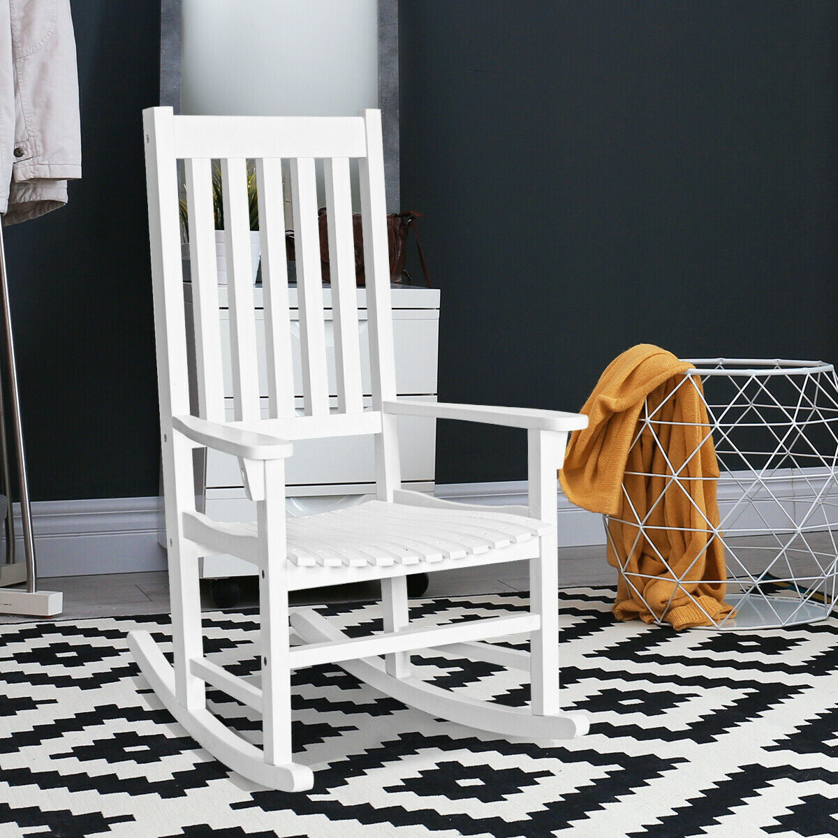 Indoor Outdoor Wooden High Back Rocking Chair-White