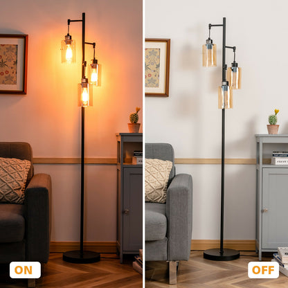 Retro Floor Lamp with 3-Head Hanging Amber Glass Shade