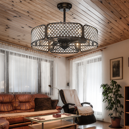 30 Inch Caged Ceiling Fan With Light Crystal Lampshade 6 Light Bases-Coffee