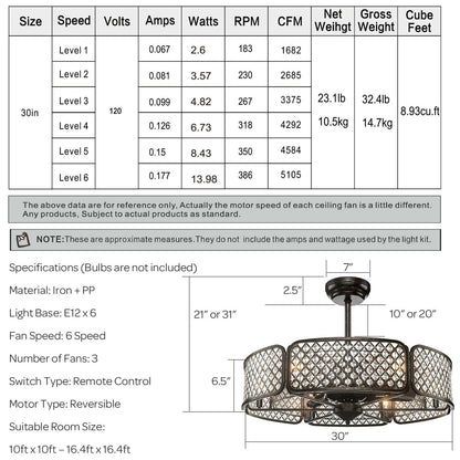 30 Inch Caged Ceiling Fan With Light Crystal Lampshade 6 Light Bases-Coffee