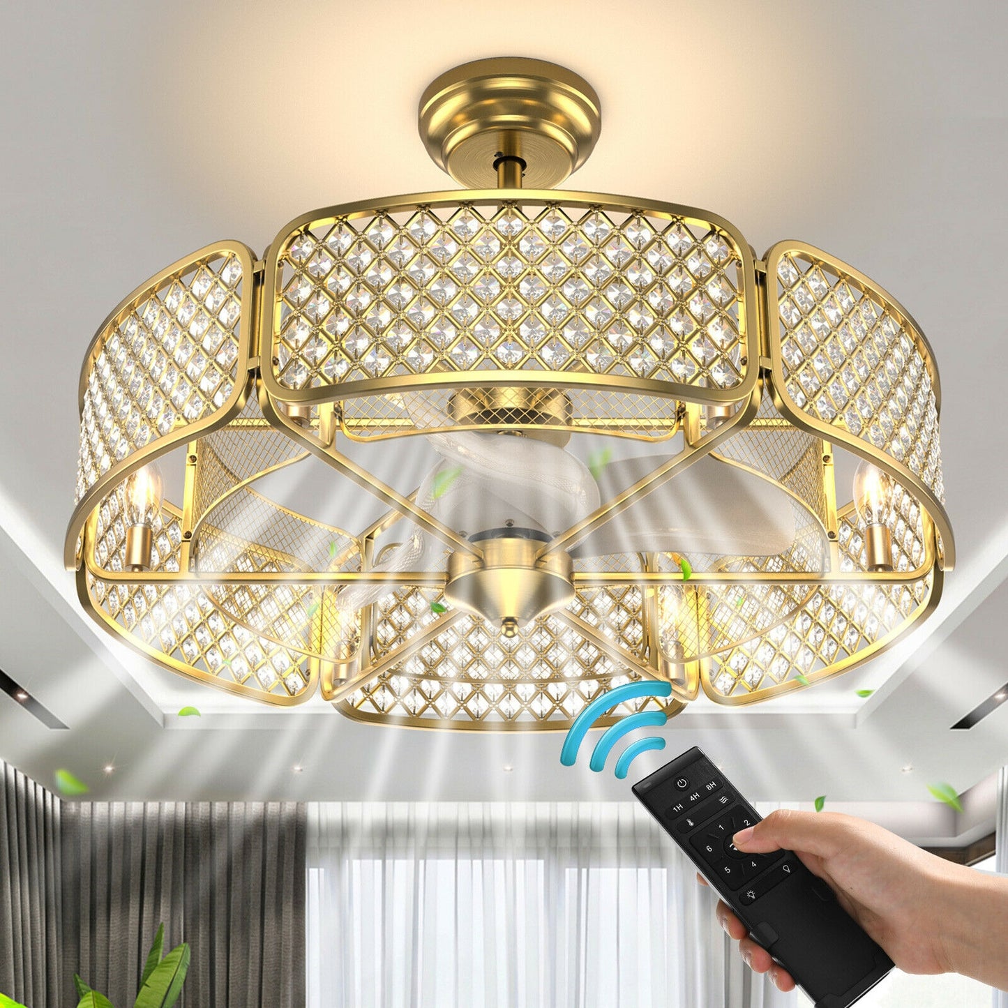 30 Inch Caged Ceiling Fan With Light Crystal Lampshade 6 Light Bases-Golden