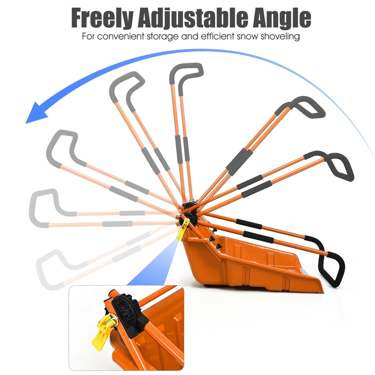 Folding Snow Pusher Scoop Shovel with Wheels and Handle-Orange
