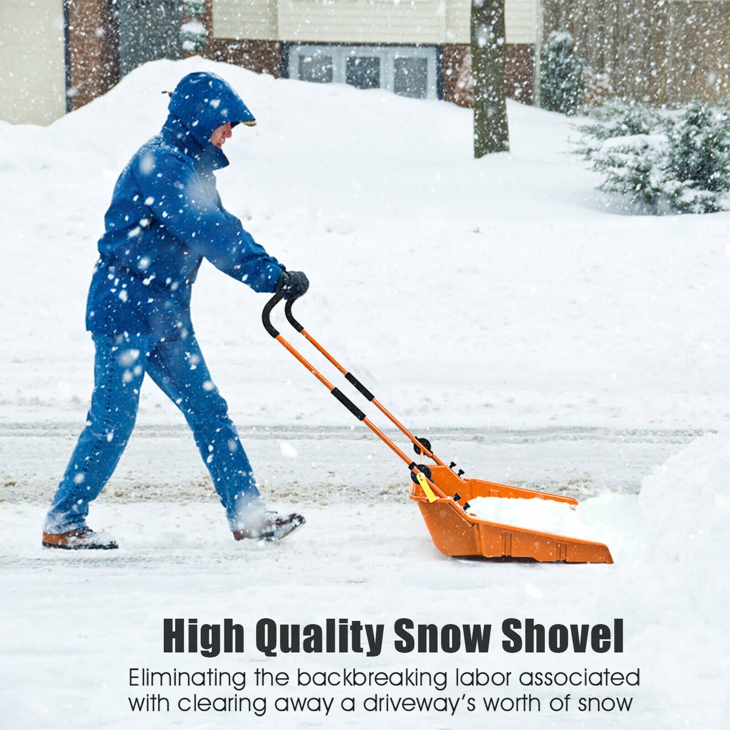 Folding Snow Pusher Scoop Shovel with Wheels and Handle-Orange