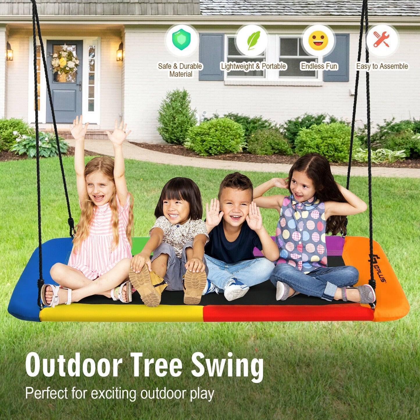 60 Inch Platform Tree Swing Outdoor with 2 Hanging Straps-Blue