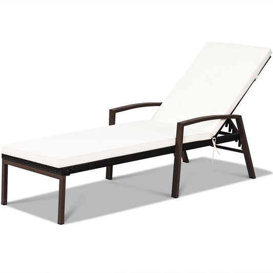 Patio Rattan Lounge Chaise Recliner with Back Adjustable Cushioned-White