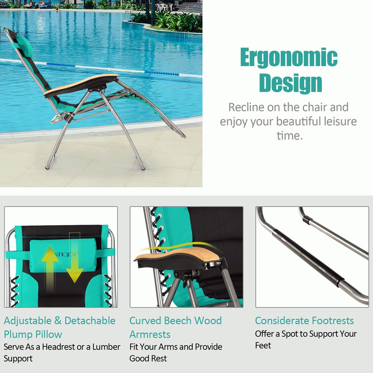 Oversize Folding Adjustable Padded Zero Gravity Lounge Chair-Blue