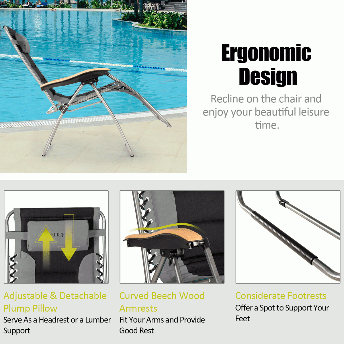 Oversize Folding Adjustable Padded Zero Gravity Lounge Chair-Blue