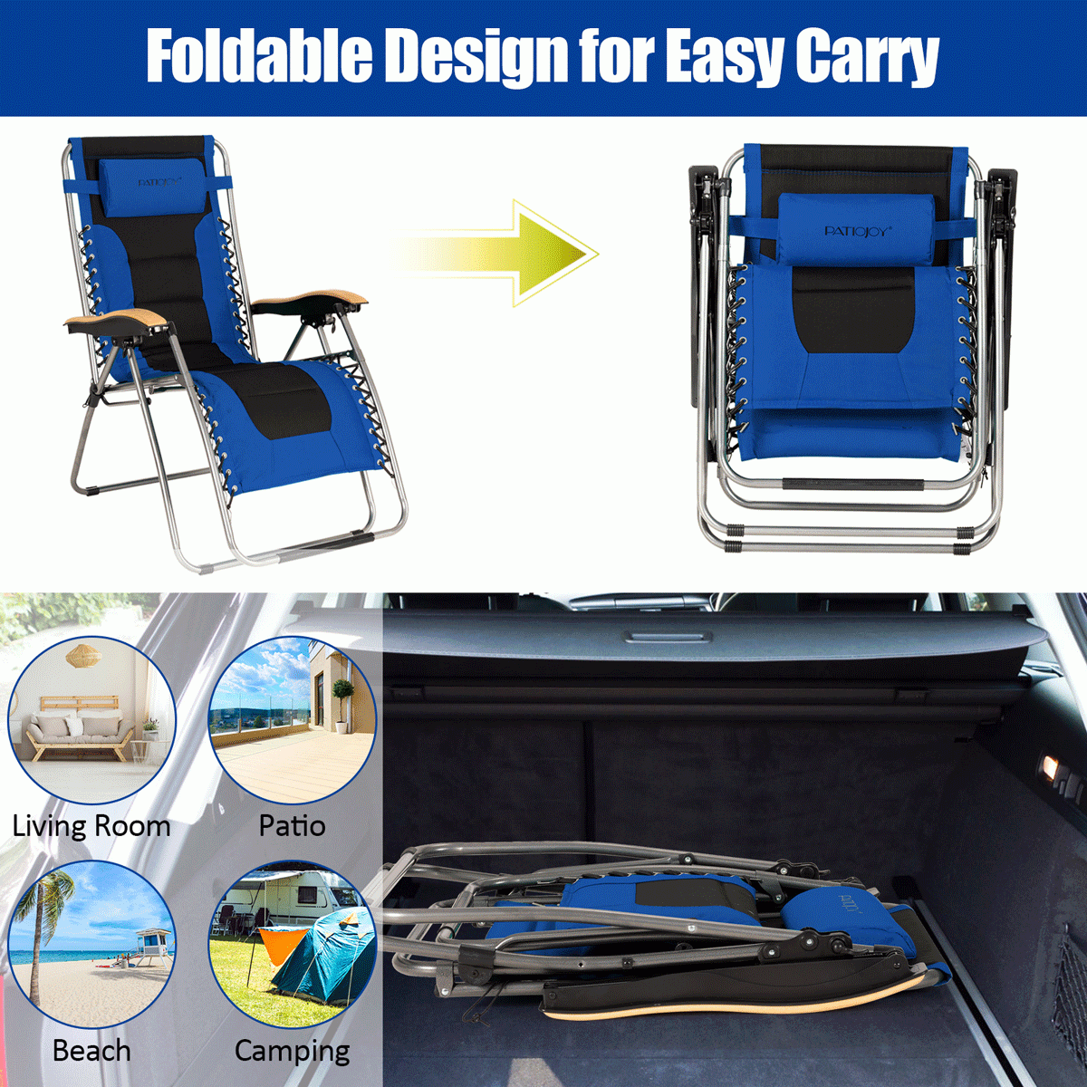 Oversize Folding Adjustable Padded Zero Gravity Lounge Chair-Blue