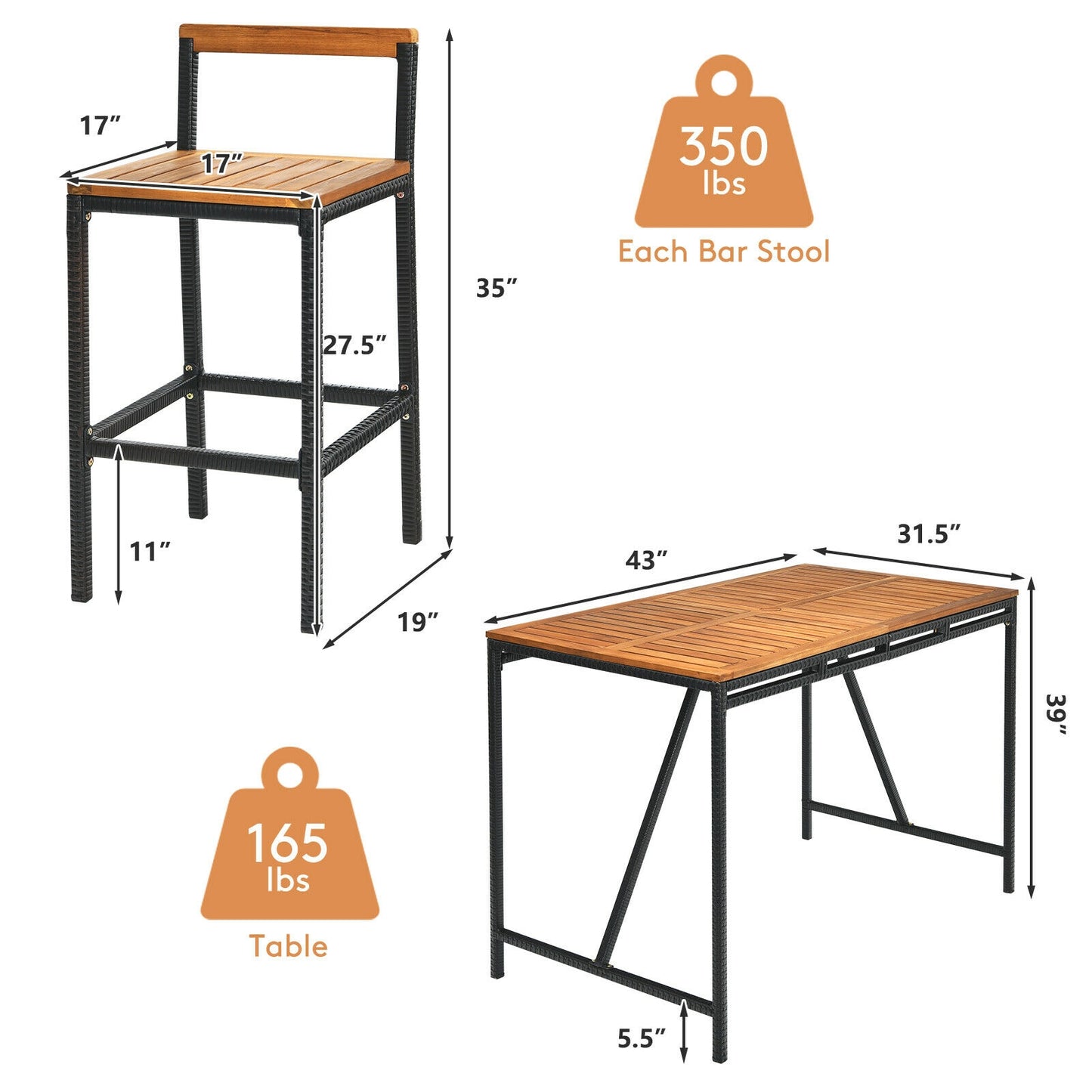 5 Pieces Outdoor Acacia Wood and PE Rattan Bar Set