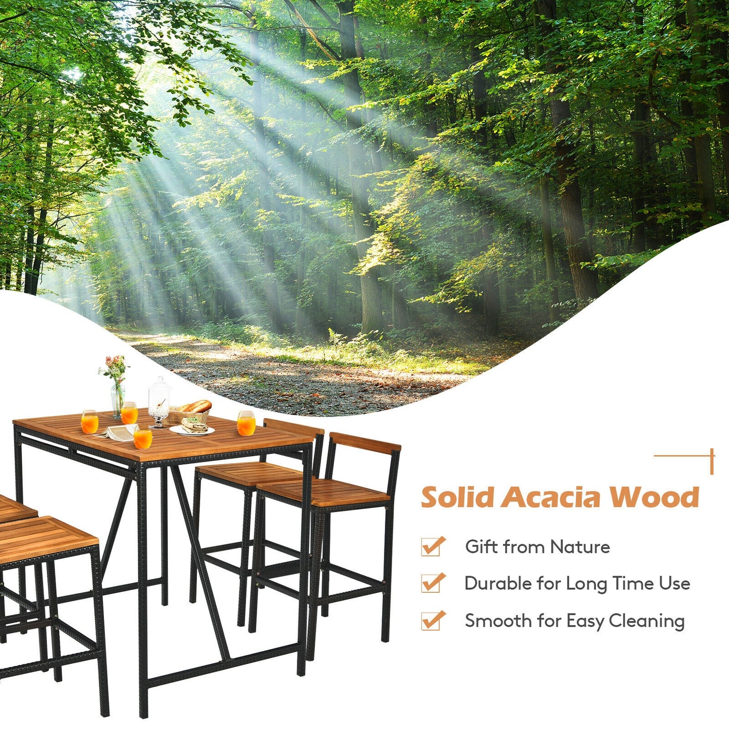 5 Pieces Outdoor Acacia Wood and PE Rattan Bar Set