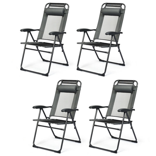 4 Pieces Patio Garden Adjustable Reclining Folding Chairs with Headrest-Gray