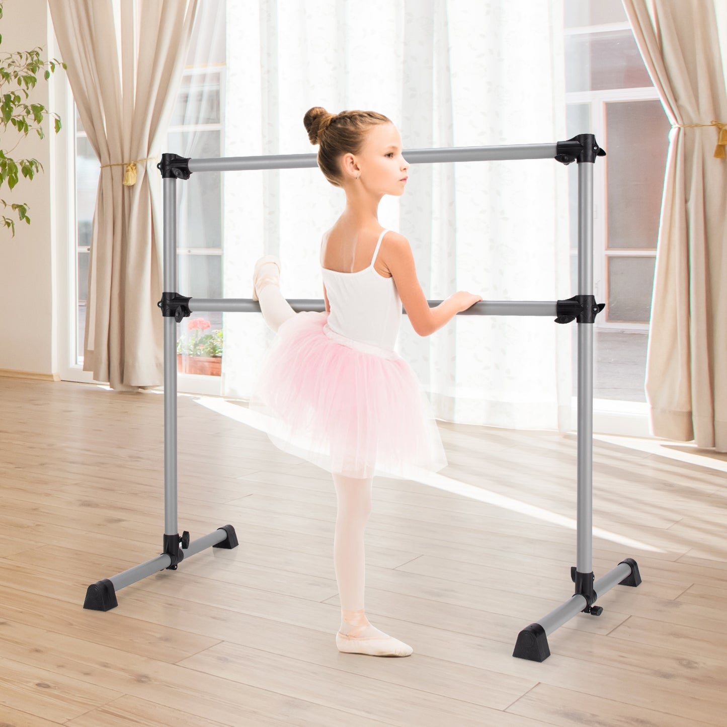 4 Feet Portable Double Freestanding Barre Dancing Stretching-Silver