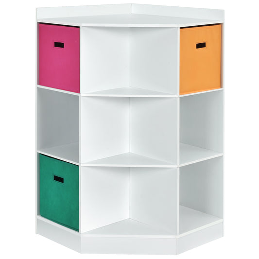 3-Tier 9-Cubby Kids Storage Shelf Corner Cabinet with 3 Baskets-White