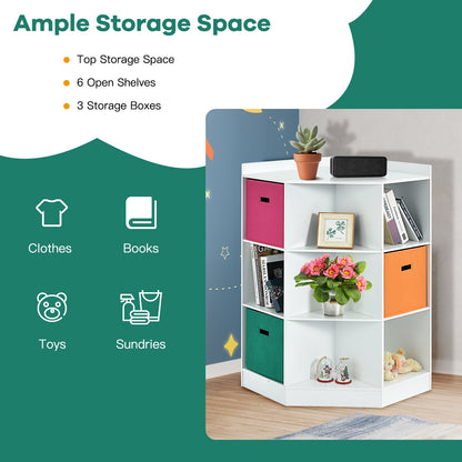 3-Tier 9-Cubby Kids Storage Shelf Corner Cabinet with 3 Baskets-White