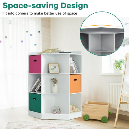 3-Tier 9-Cubby Kids Storage Shelf Corner Cabinet with 3 Baskets-White
