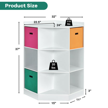 3-Tier 9-Cubby Kids Storage Shelf Corner Cabinet with 3 Baskets-White