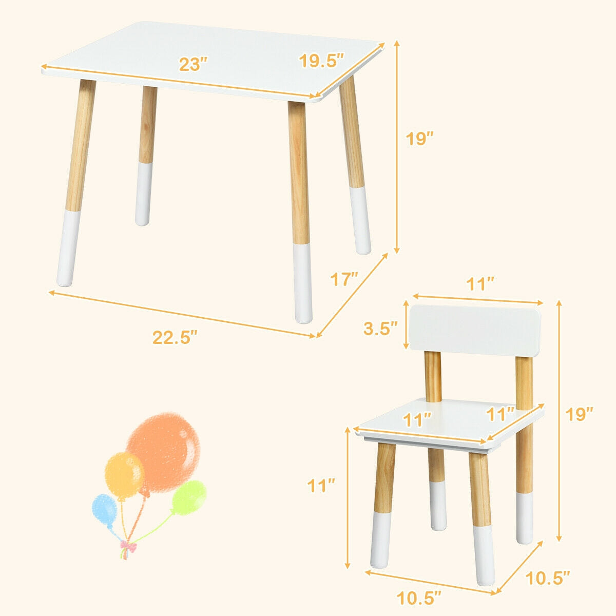 Kids Wooden Table and 2 Chairs Set-White