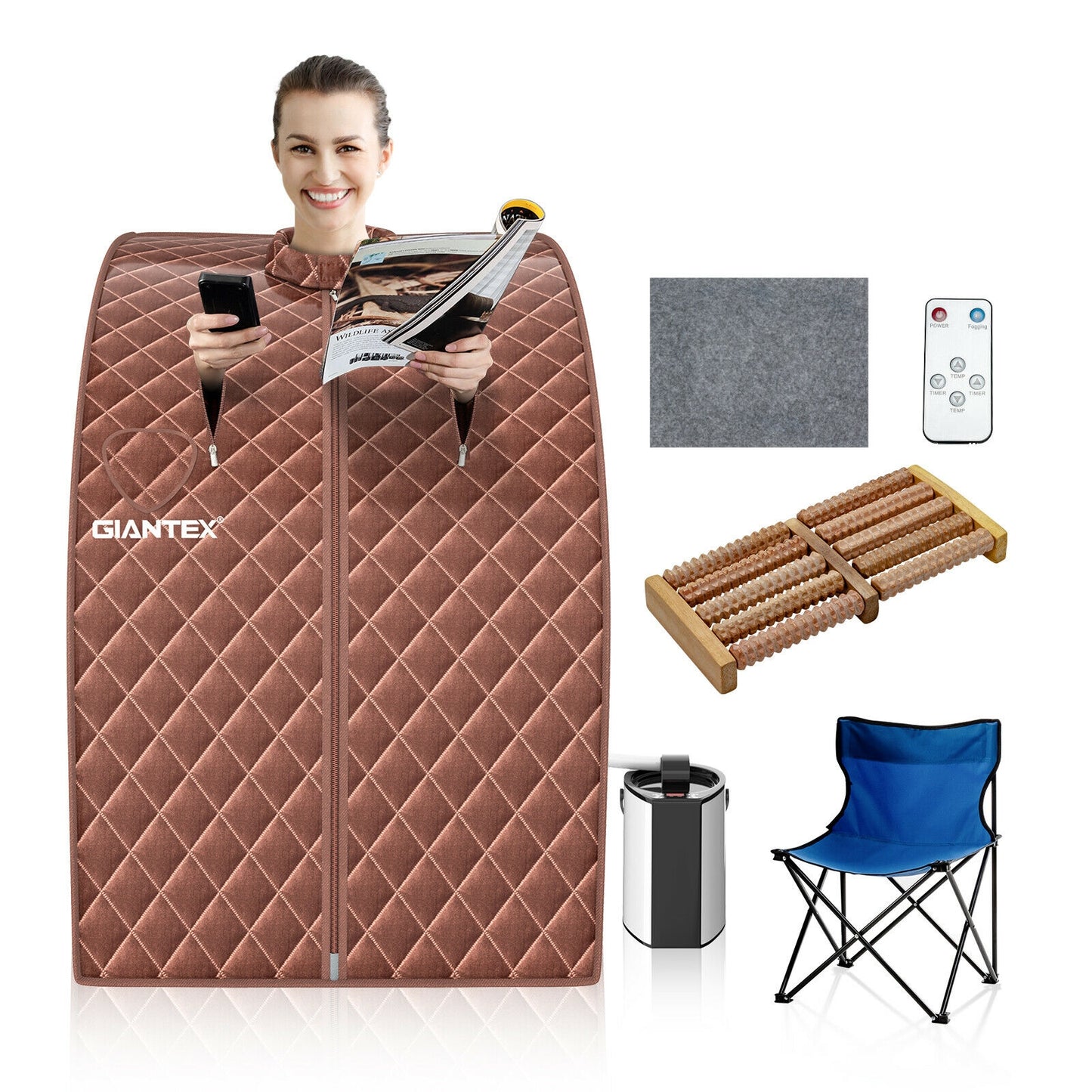 Portable Personal Steam Sauna Spa with 3L Blast-proof Steamer Chair-Coffee