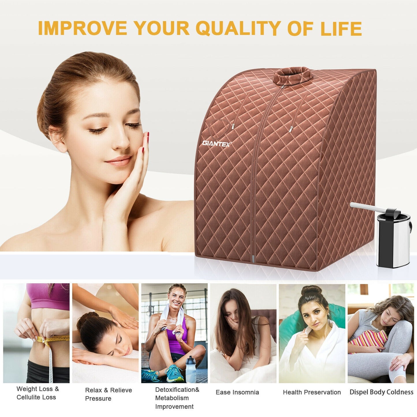 Portable Personal Steam Sauna Spa with 3L Blast-proof Steamer Chair-Coffee