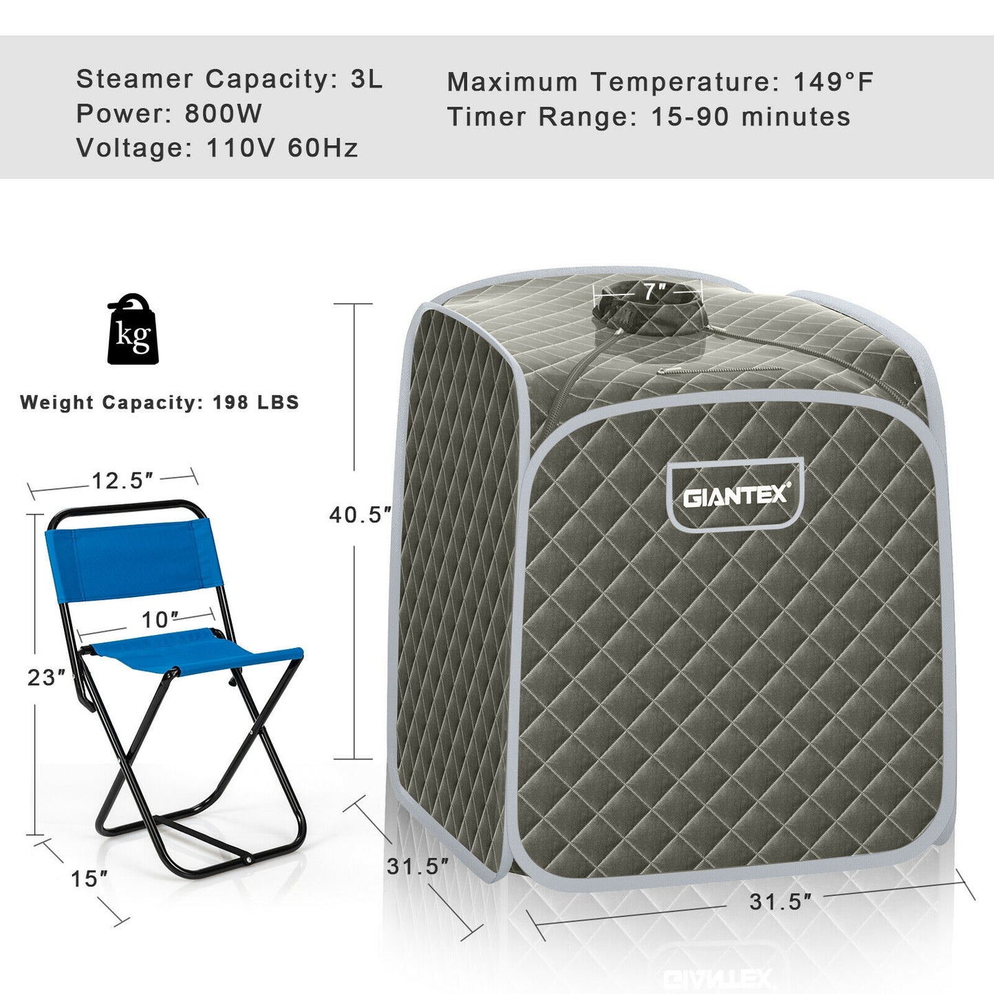 Portable Personal Steam Sauna Spa with Steamer Chair-Gray