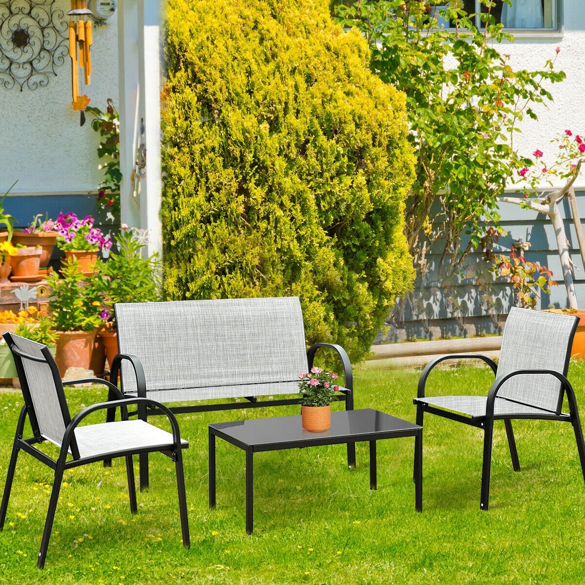 4 Pieces Patio Furniture Set with Glass Top Coffee Table-Black