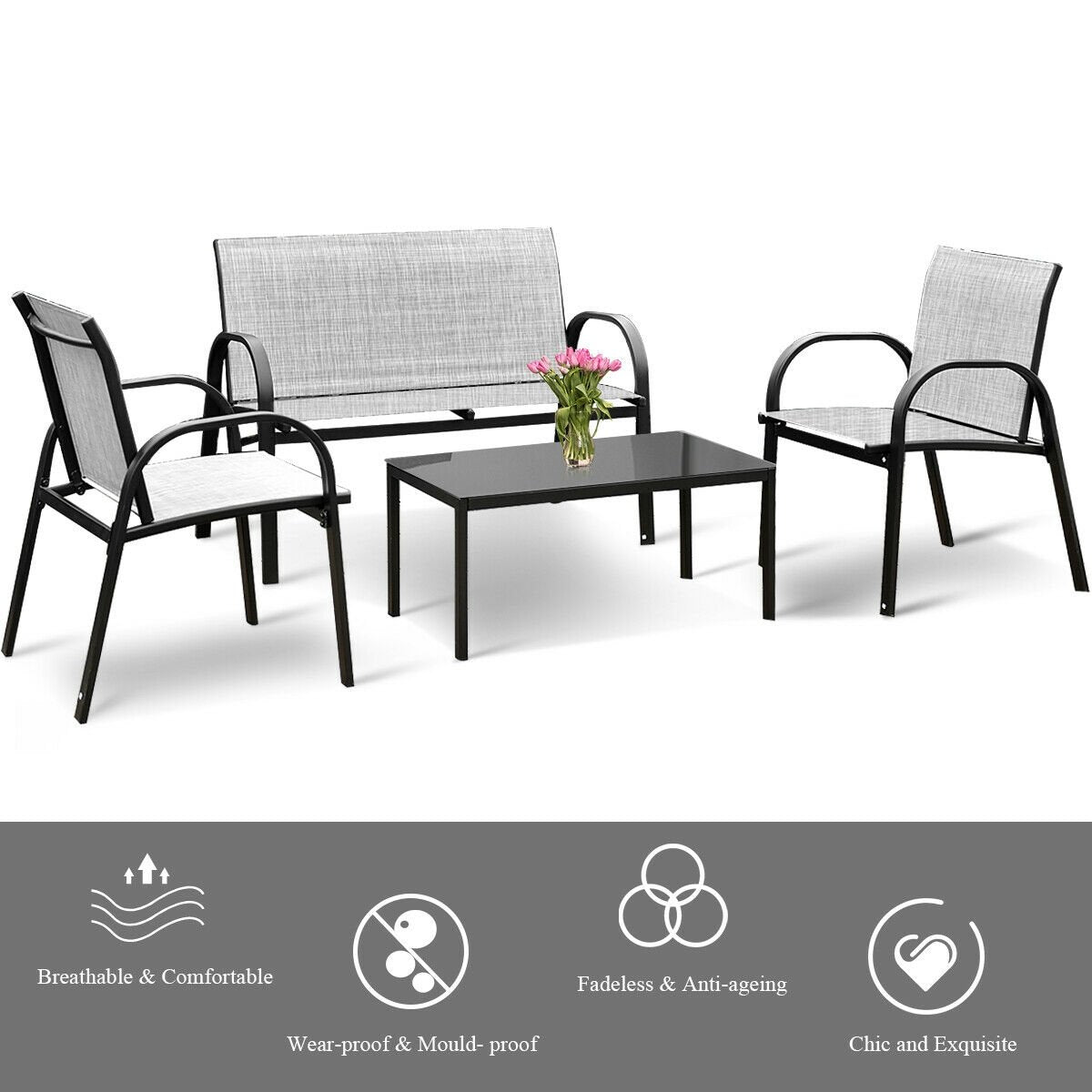 4 Pieces Patio Furniture Set with Glass Top Coffee Table-Black