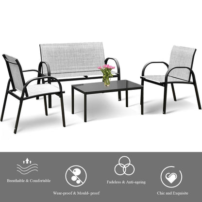 4 Pieces Patio Furniture Set with Glass Top Coffee Table-Black