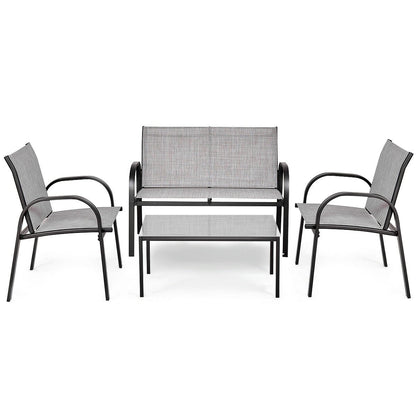 4 Pieces Patio Furniture Set with Glass Top Coffee Table-Black