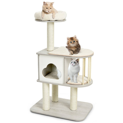 46 Inch Wooden Cat Activity Tree with Platform and Cushions-Brown