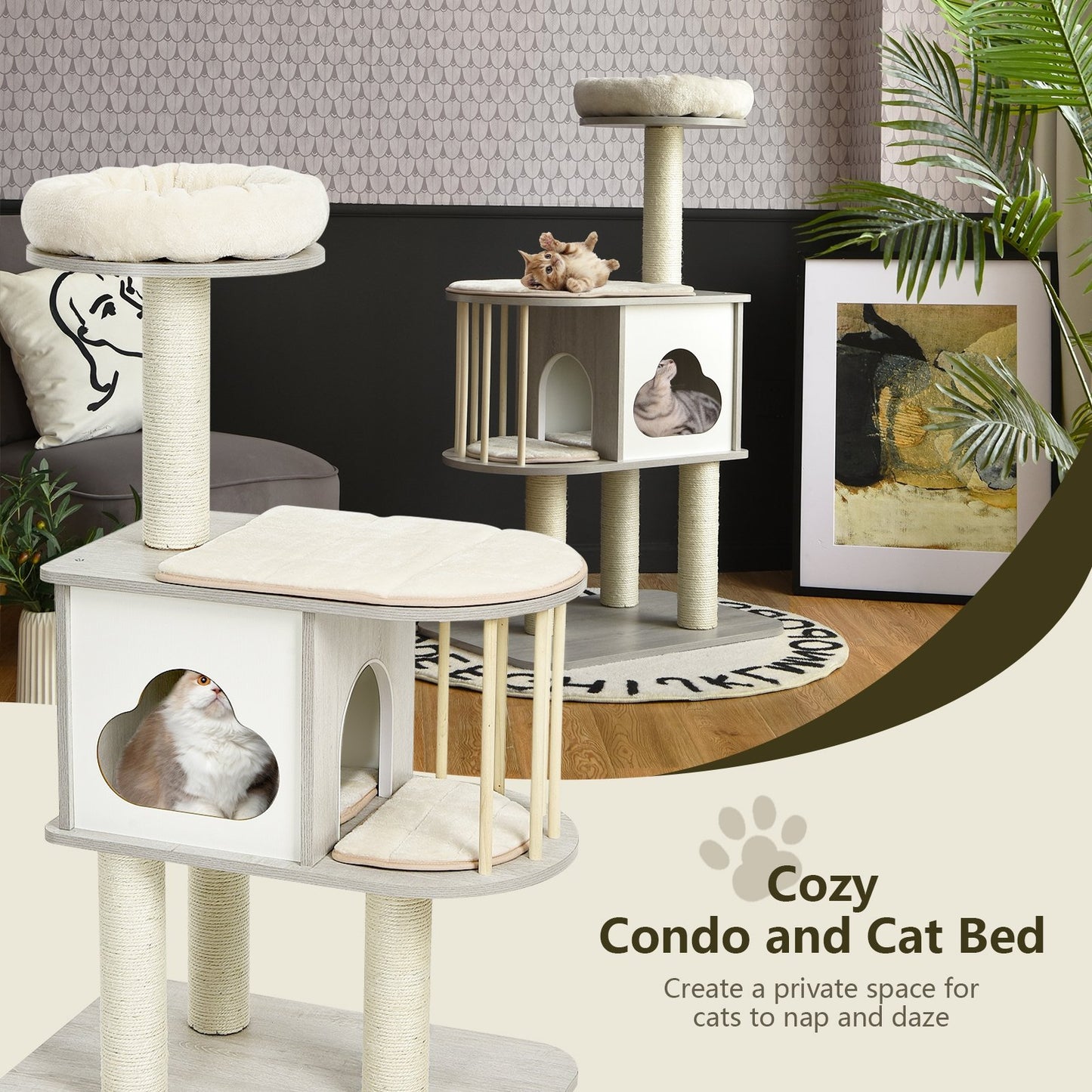 46 Inch Wooden Cat Activity Tree with Platform and Cushions-Brown