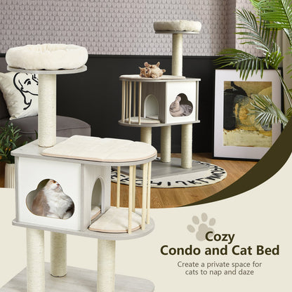 46 Inch Wooden Cat Activity Tree with Platform and Cushions-Brown