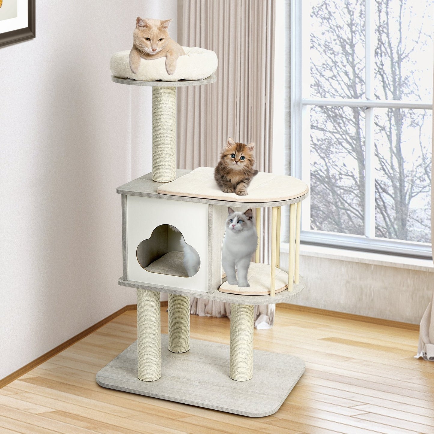 46 Inch Wooden Cat Activity Tree with Platform and Cushions-Brown
