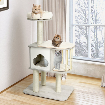 46 Inch Wooden Cat Activity Tree with Platform and Cushions-Brown