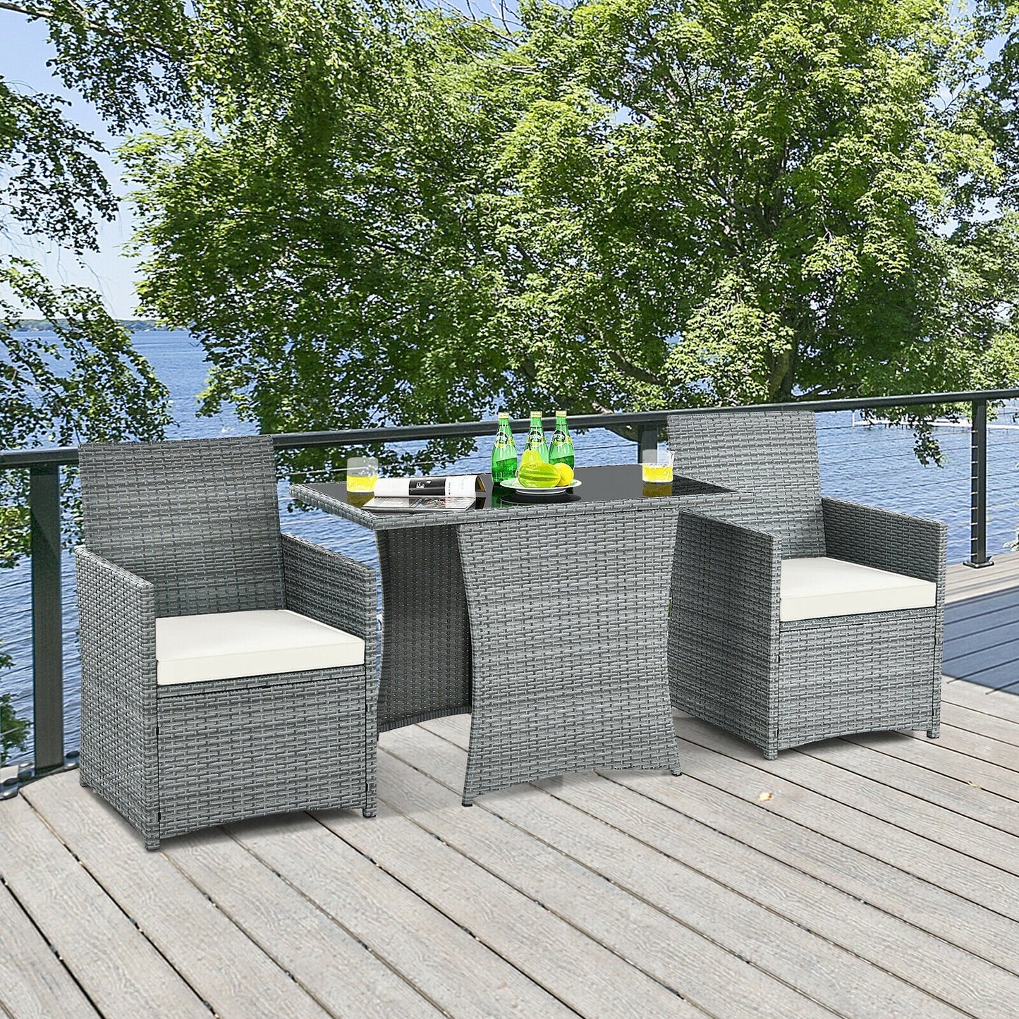 3 Pieces Patio Rattan Furniture Set with Cushioned Armrest Sofa-Gray