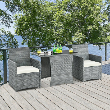 3 Pieces Patio Rattan Furniture Set with Cushioned Armrest Sofa-Gray