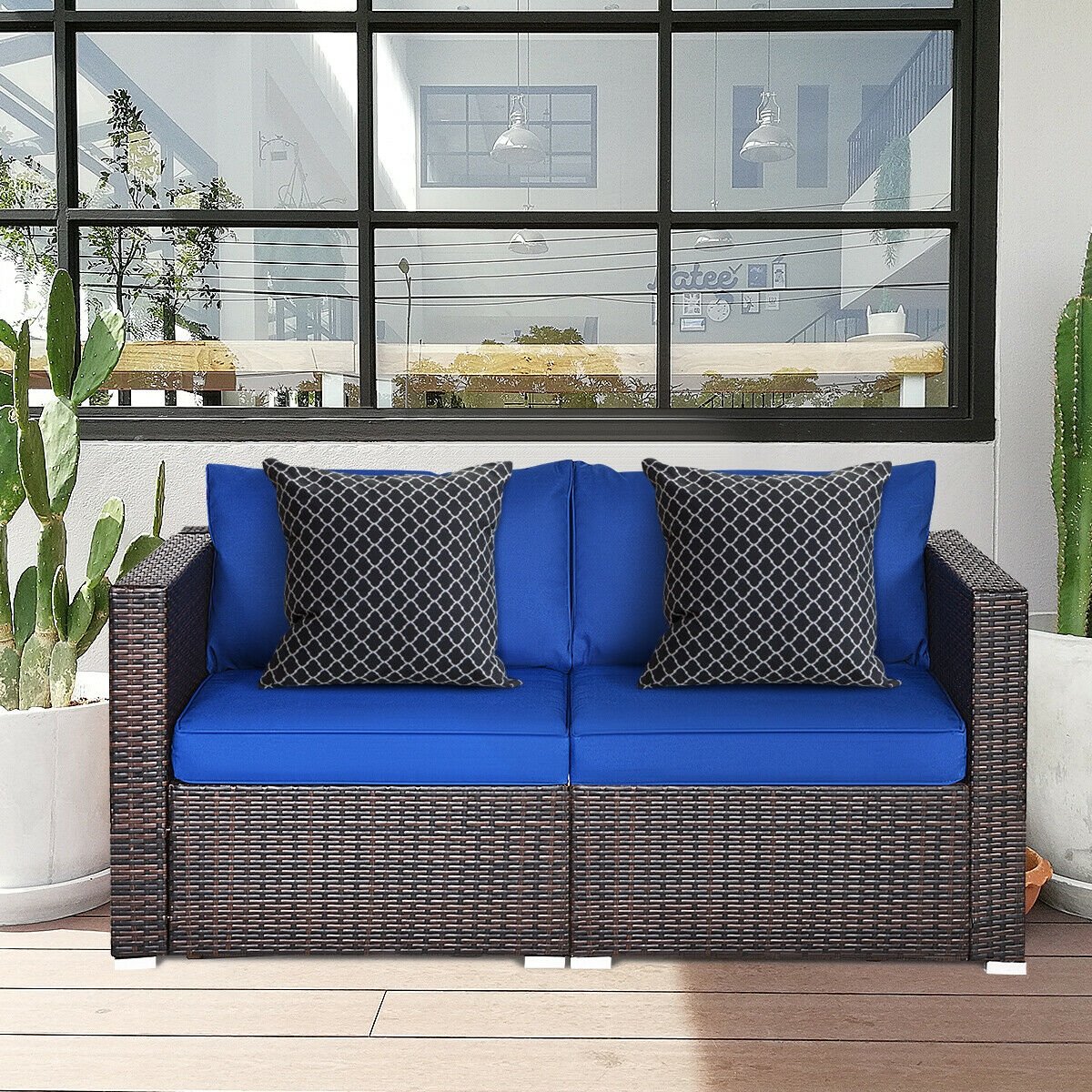 2 Pieces Patio Rattan Sectional Conversation Sofa Set-Beige