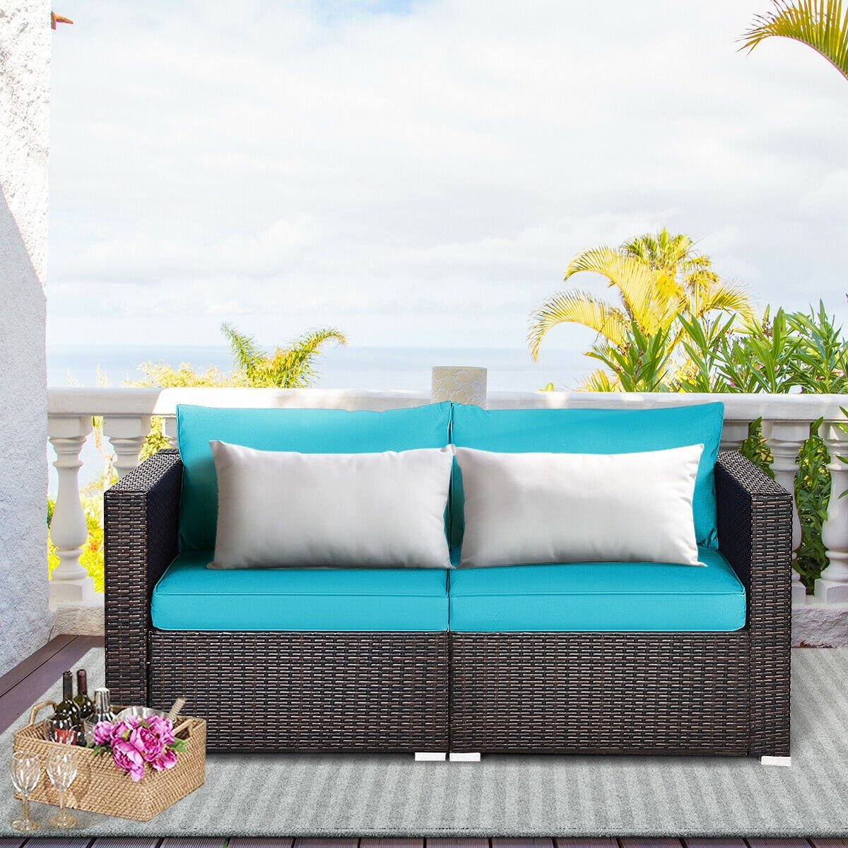 2 Pieces Patio Rattan Sectional Conversation Sofa Set-Beige