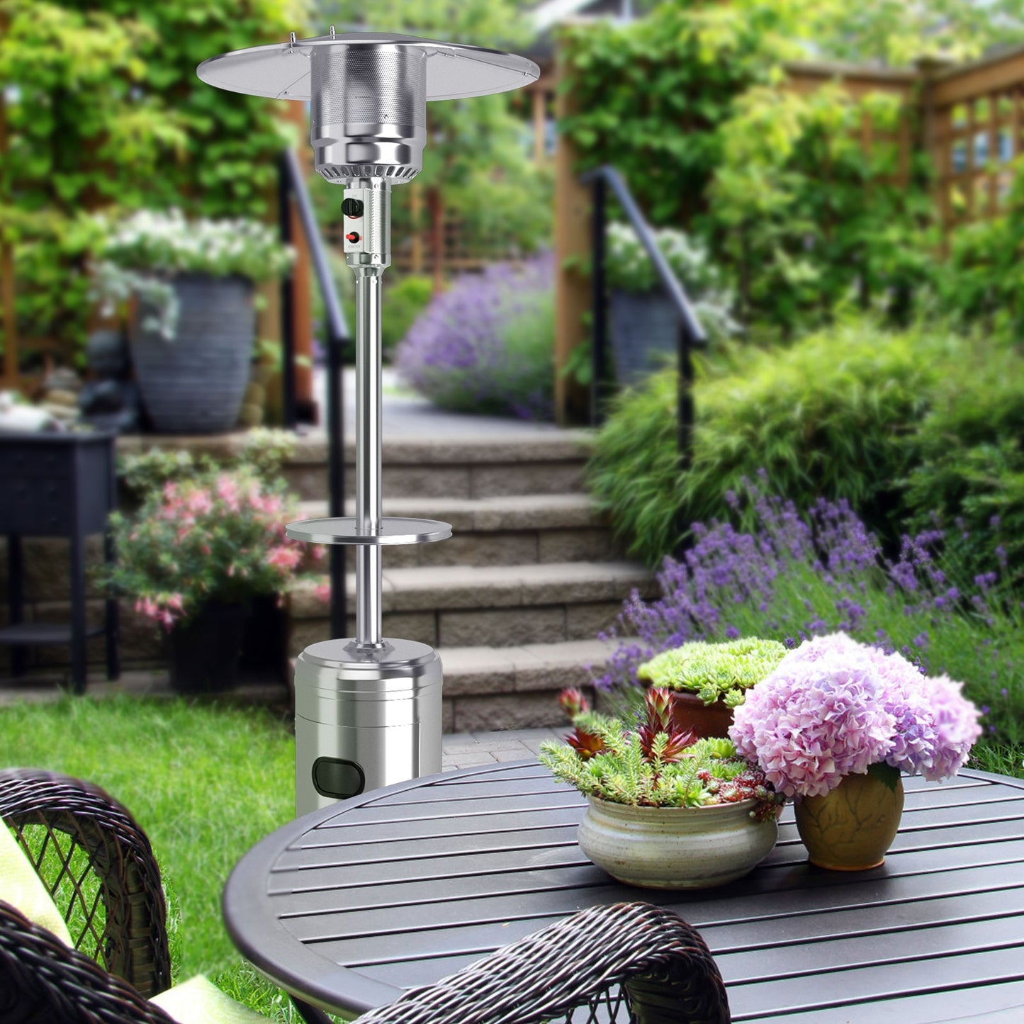 Outdoor Heater Propane Standing LP Gas Steel with Table and Wheels-Silver