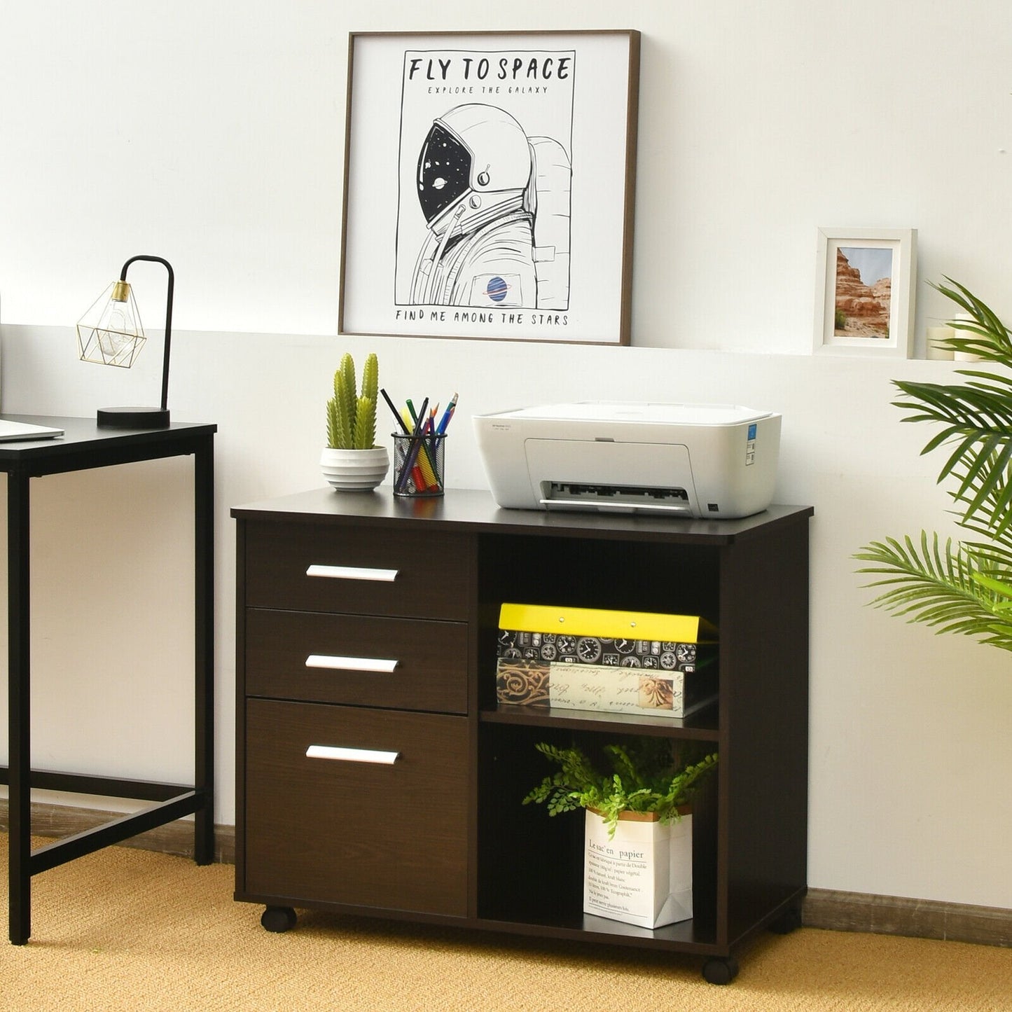 3-Drawer Mobile Lateral File Cabinet Printer Stand-Black